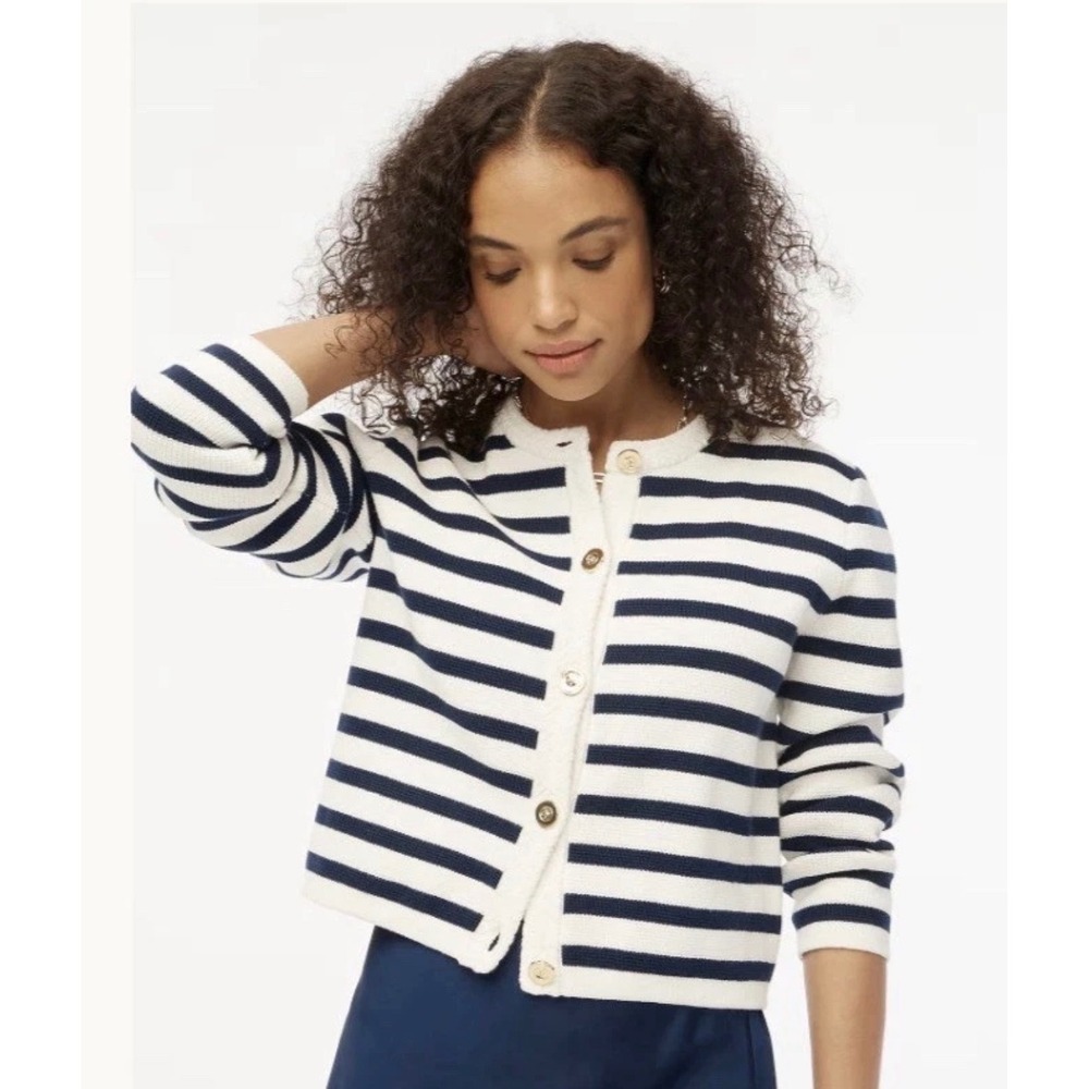 J. Crew knit cardigan nautical stripe gold buttons cropped boxy old money preppy